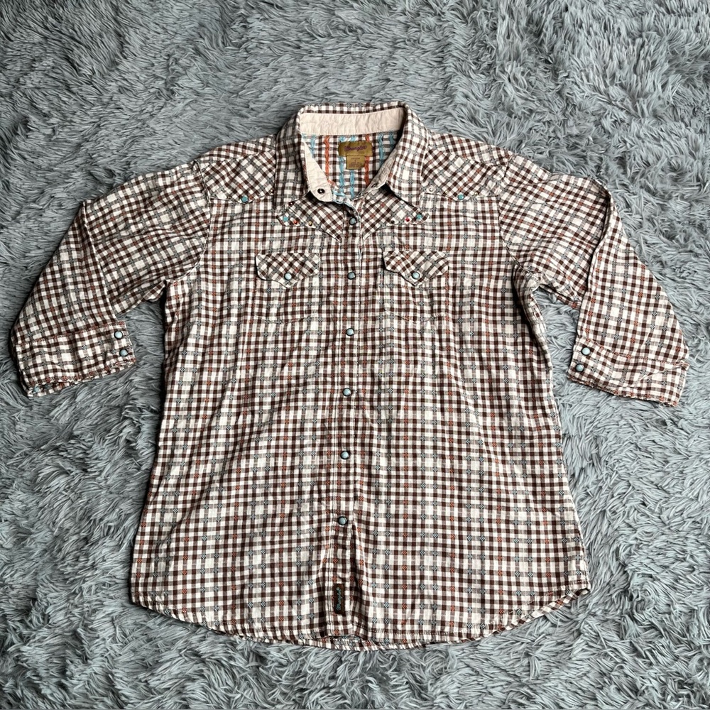 Wrangler Shirt Girls Large Pearl Snap Brown White Checkered Western Rodeo Studs